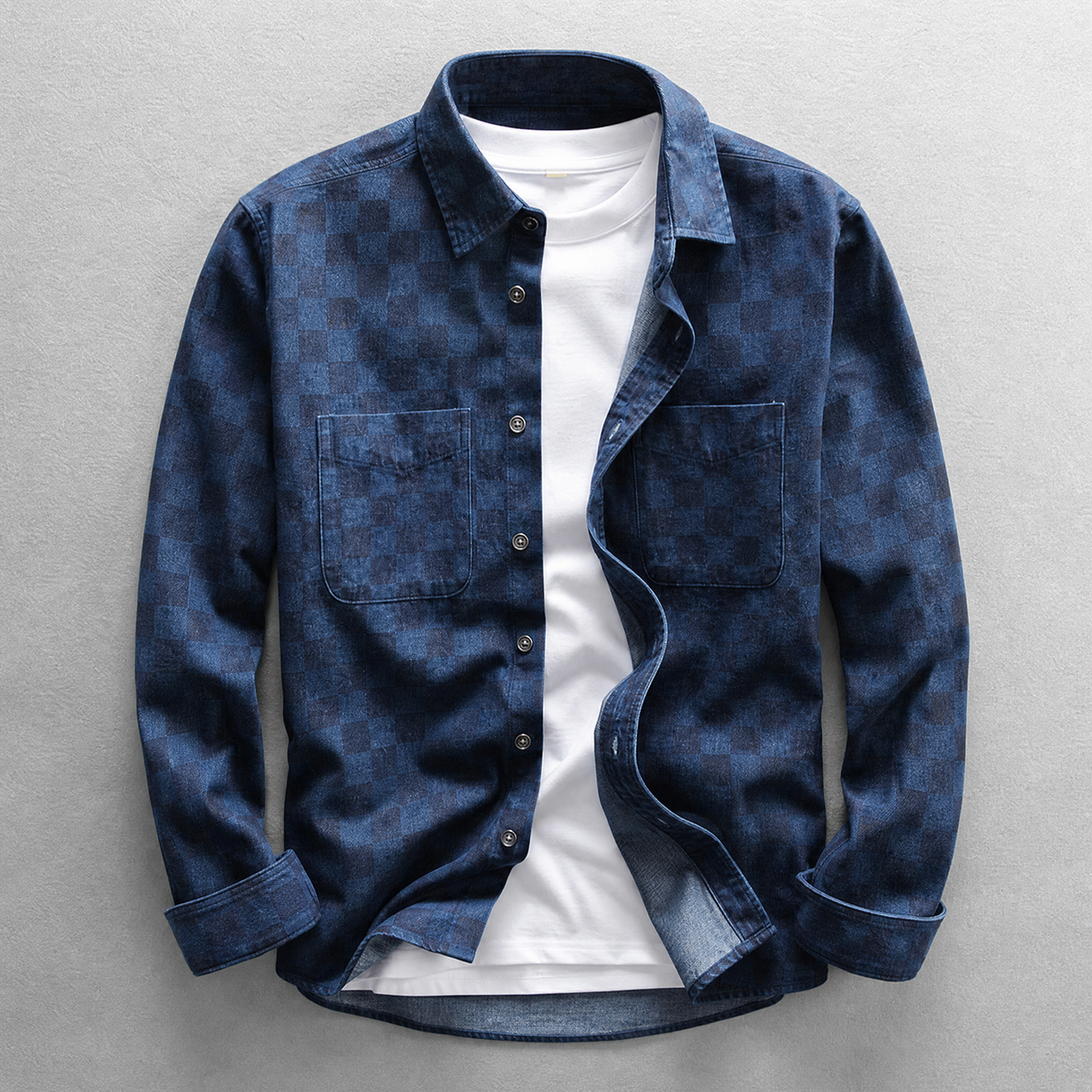 Men's Washed Cotton-Denim Button-Up Shirt – front view | Hensley London
