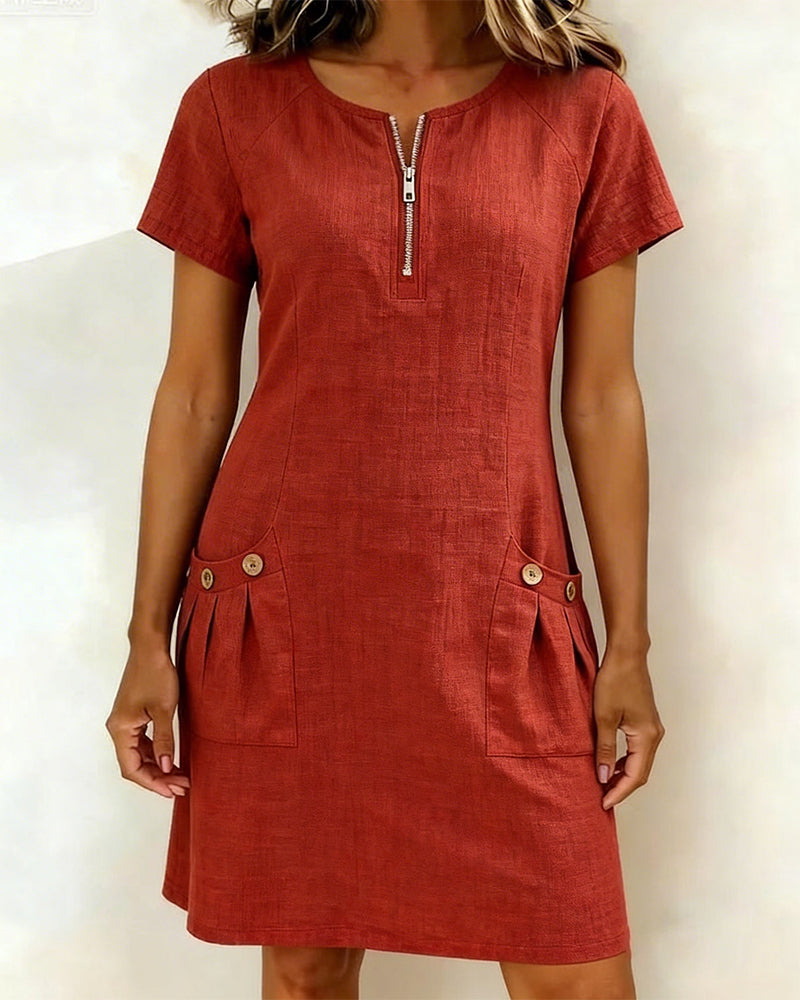 Women's A-Line Zip-Neck Pocket Dress – front view | Hensley London