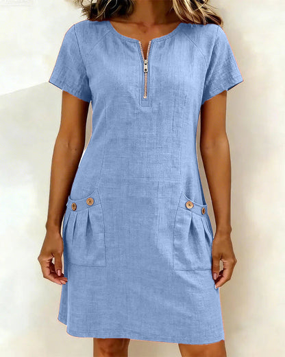 Women's A-Line Zip-Neck Pocket Dress – product view | Hensley London