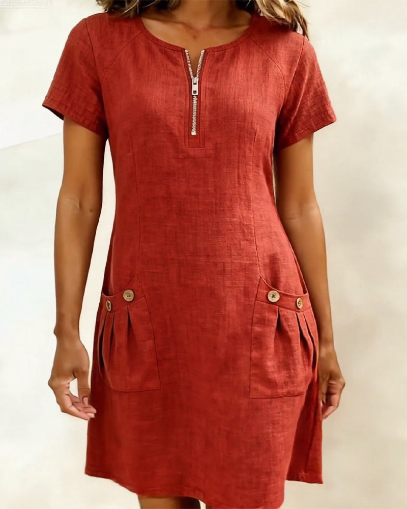Women's A-Line Zip-Neck Pocket Dress – detail view | Hensley London
