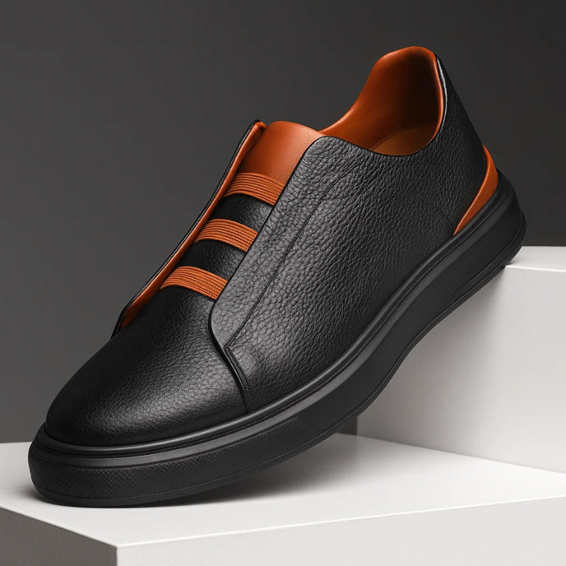 Men's Genuine Leather Low-Top Sneakers in Black Brown – product view | Hensley London
