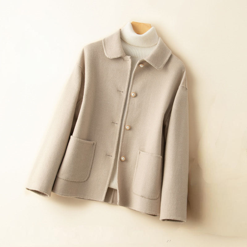 Women's Cashmere Button-Front Jacket in Beige – front view | Hensley London