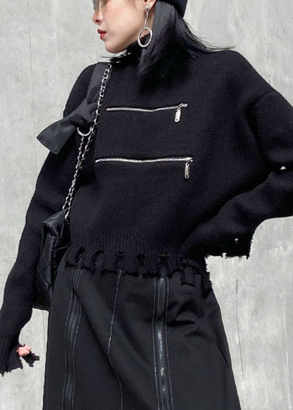 Women's Sweater Black Knit Blended Zippered with Tassels - 1