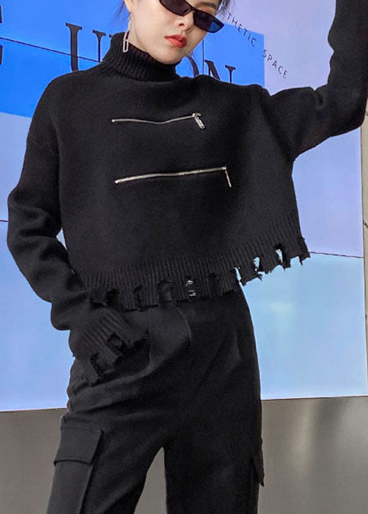 Women's Sweater Black Knit Blended Zippered with Tassels - 3