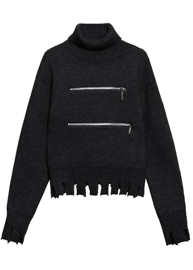 Women's Sweater Black Knit Blended Zippered with Tassels - 5