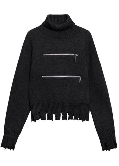 Women's Sweater Black Knit Blended Zippered with Tassels - 5