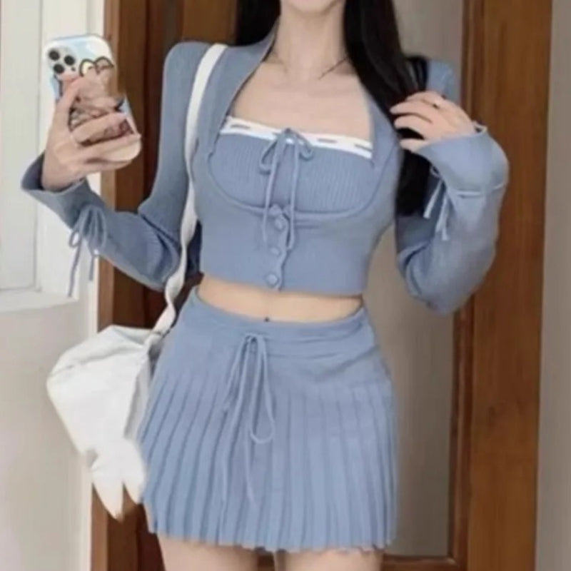 Chic Knitted Tube Top, Cropped Cardigan, and Mini Pleated Skirt Set 0