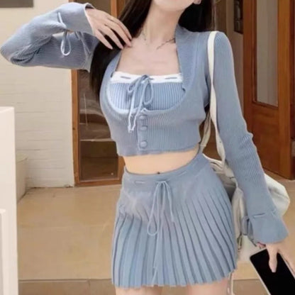 Chic Knitted Tube Top, Cropped Cardigan, and Mini Pleated Skirt Set 1