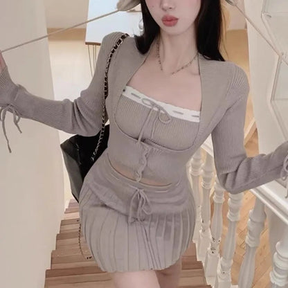 Chic Knitted Tube Top, Cropped Cardigan, and Mini Pleated Skirt Set 3