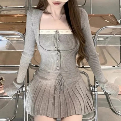 Chic Knitted Tube Top, Cropped Cardigan, and Mini Pleated Skirt Set 4