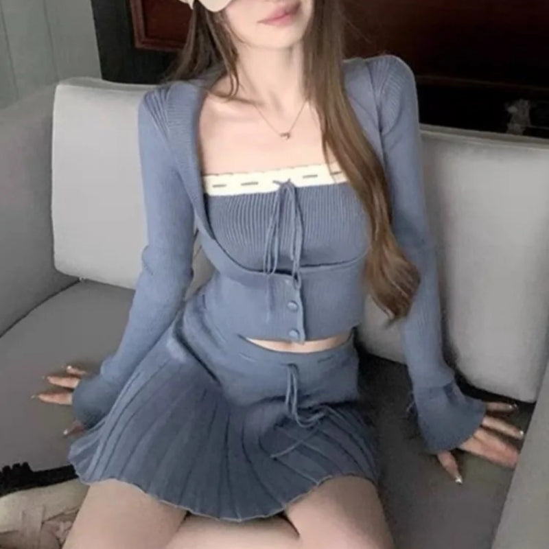 Chic Knitted Tube Top, Cropped Cardigan, and Mini Pleated Skirt Set 5