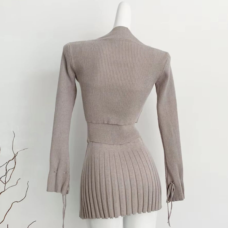 Chic Knitted Tube Top, Cropped Cardigan, and Mini Pleated Skirt Set 7