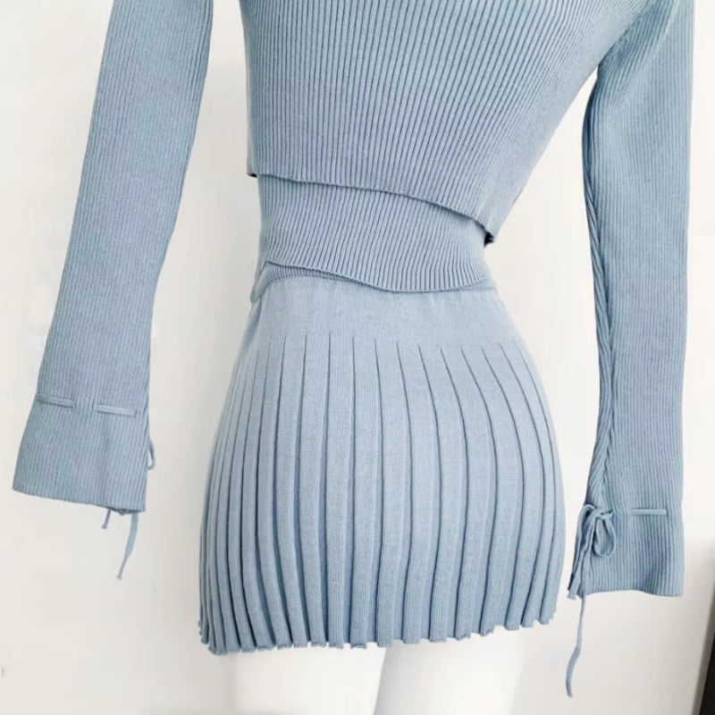 Chic Knitted Tube Top, Cropped Cardigan, and Mini Pleated Skirt Set 8
