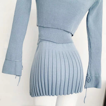 Chic Knitted Tube Top, Cropped Cardigan, and Mini Pleated Skirt Set 8