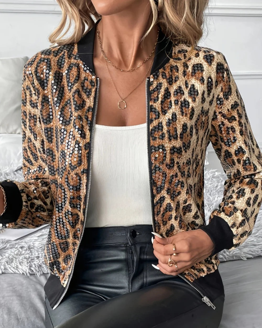 Chic Leopard Print Baseball Jacket | Sequin Detail, Loose Fit 1