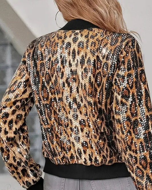 Chic Leopard Print Baseball Jacket | Sequin Detail, Loose Fit 2