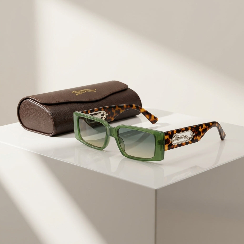 Women's Slim Rectangle Sunglasses – folded view | Hensley London