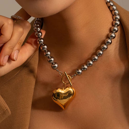 Chunky Bead Heart Pendant Necklace – Waterproof and Hypoallergenic Stainless Steel with 18k Gold Accent 1