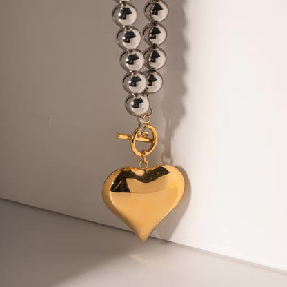 Chunky Bead Heart Pendant Necklace – Waterproof and Hypoallergenic Stainless Steel with 18k Gold Accent 4