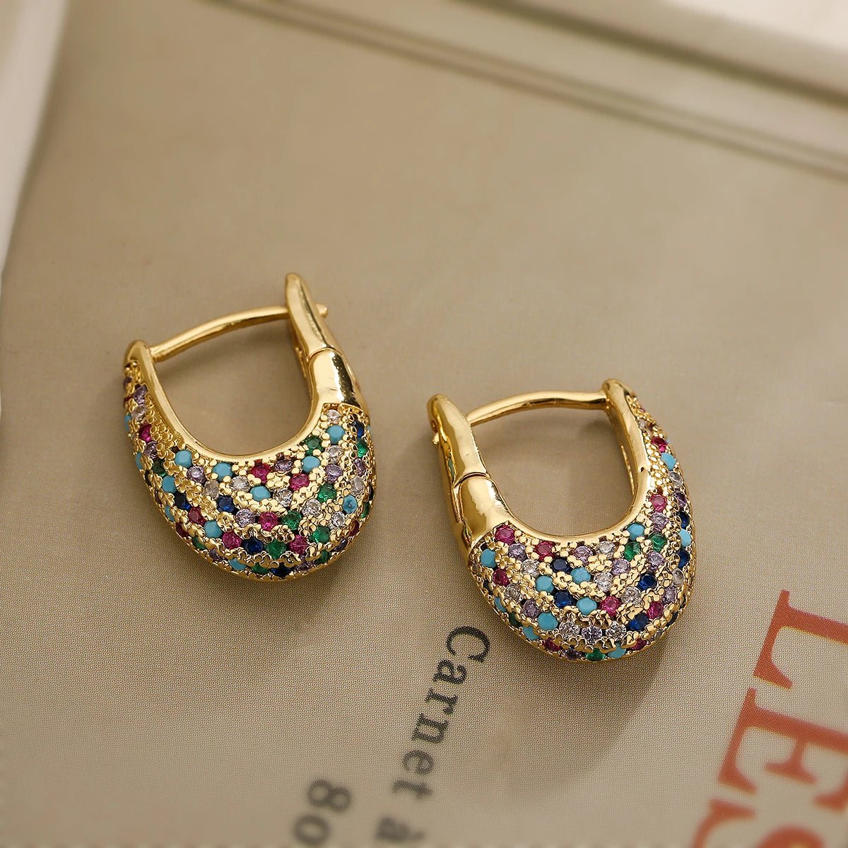 Chunky Diamond Hoop Earrings with Colorful Zircon Accents – Elegant Gold Jewelry for Women 0