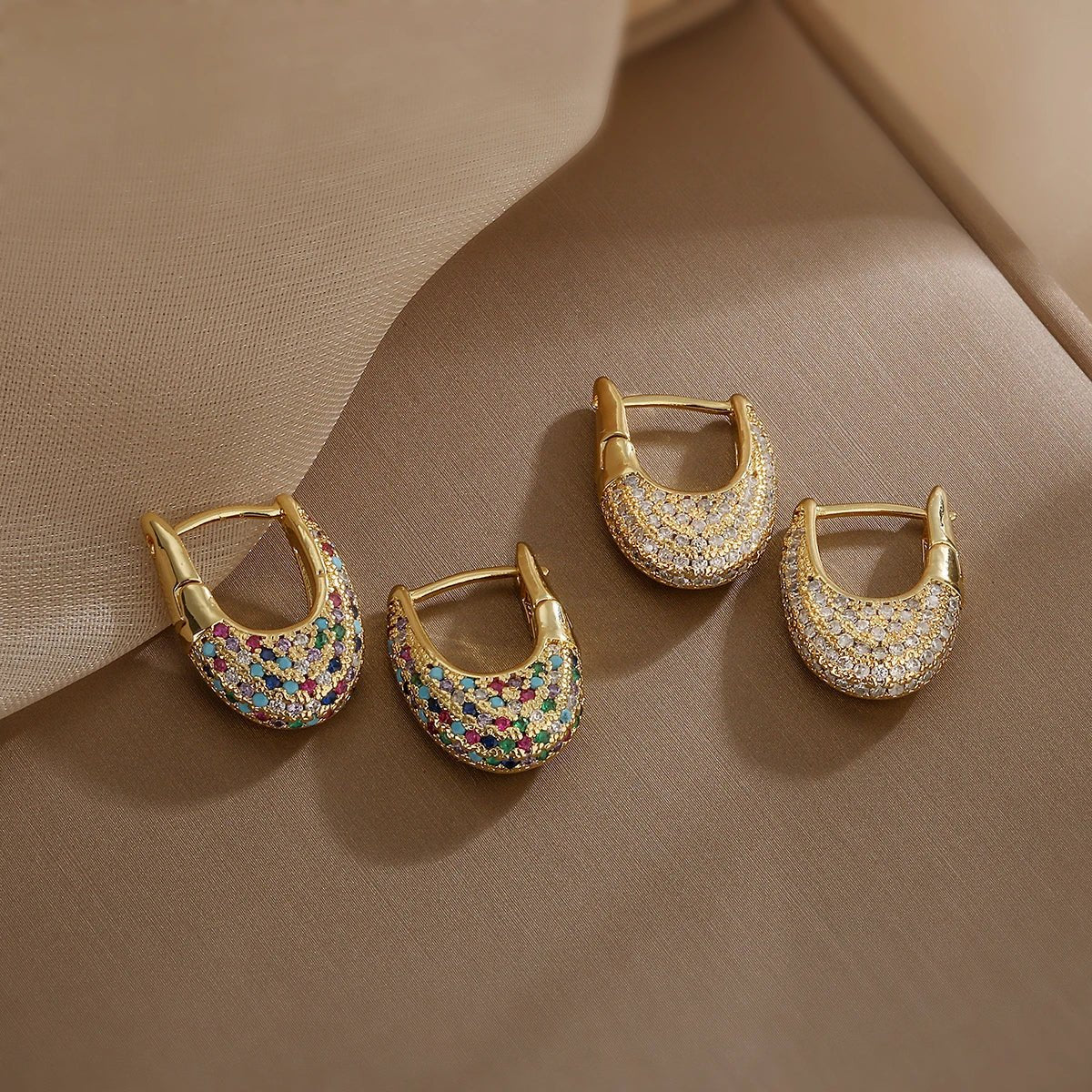 Chunky Diamond Hoop Earrings with Colorful Zircon Accents – Elegant Gold Jewelry for Women 1