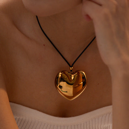 Chunky Gold Heart Pendant Necklace with Black Rope – Hypoallergenic and Waterproof Statement Jewelry for Women 3