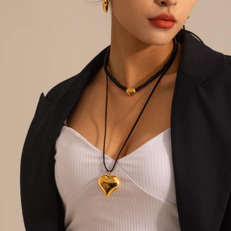 Chunky Heart Pendant Necklace – Long Black Rope, Waterproof, Hypoallergenic, 56 Inches, Bold Statement Jewelry for Women 5