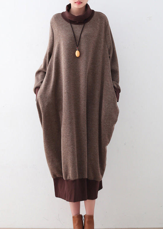 Women's Plus Size Sweater Dress Brown Loose Fit Cotton - 1