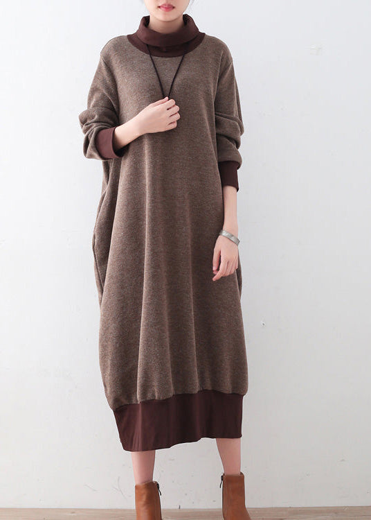 Women's Plus Size Sweater Dress Brown Loose Fit Cotton - 2