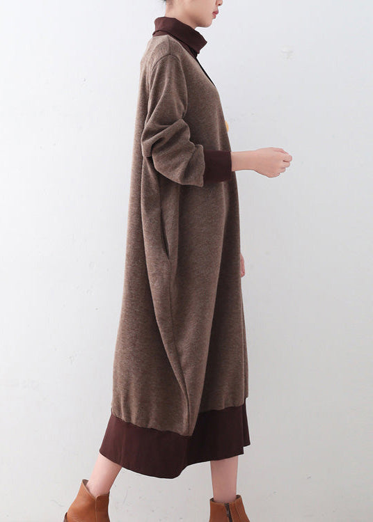 Women's Plus Size Sweater Dress Brown Loose Fit Cotton - 3