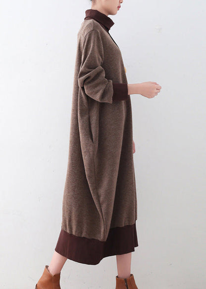Women's Plus Size Sweater Dress Brown Loose Fit Cotton - 3