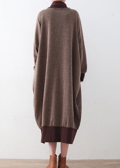 Women's Plus Size Sweater Dress Brown Loose Fit Cotton - 4