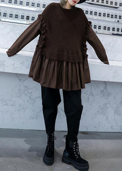 Women's Sweat Top Brown Knit O Neck - 3