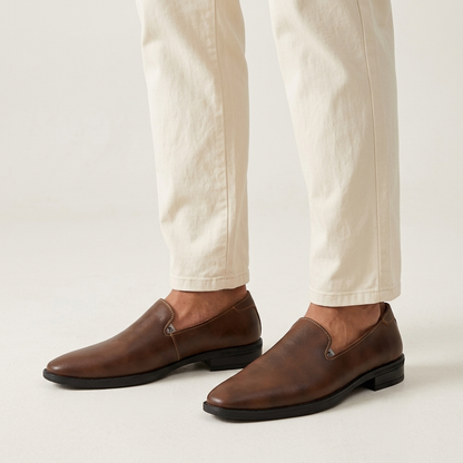 Men's Pointed-Toe Leather Loafers in Brown – back view | Hensley London