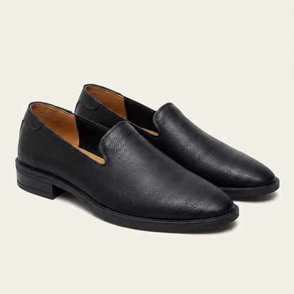 Men's Pointed-Toe Leather Loafers in Khaki – styled view | Hensley London