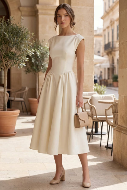 Women's Midi Dress Black Structured Cap Sleeve Elegant Formal - 8