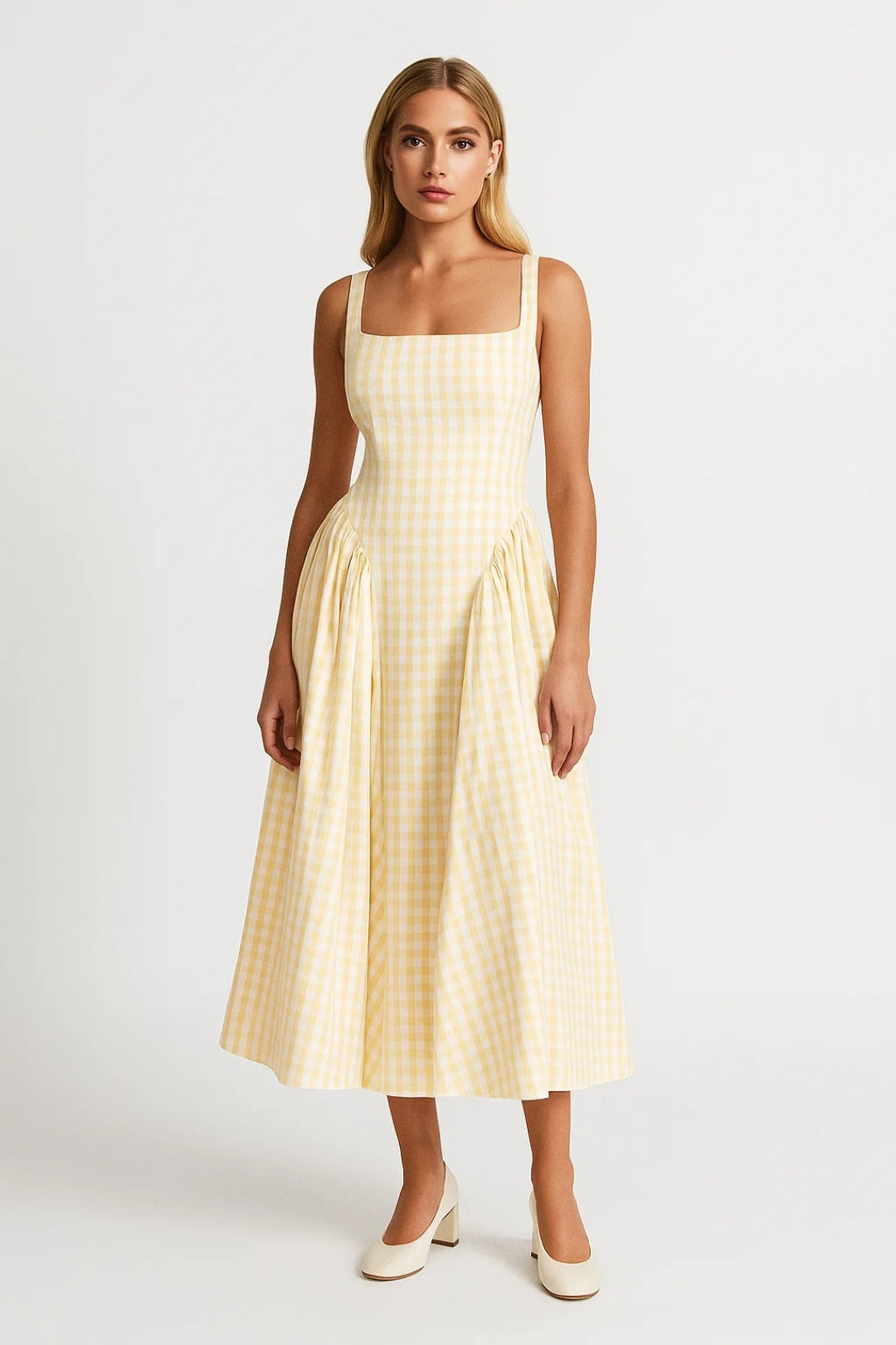 Women's Midi Dress Butter Yellow Plaid Lightweight Summer Dress - 1