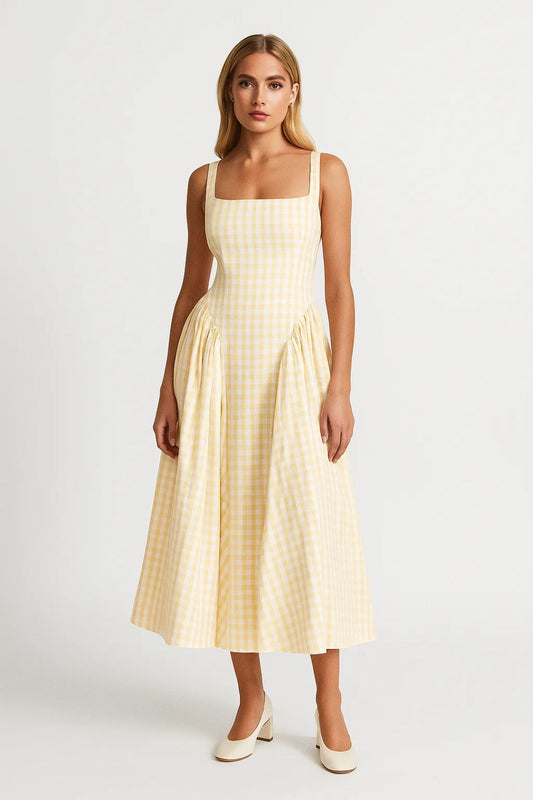 Women's Midi Dress Butter Yellow Plaid Lightweight Summer Dress - 1