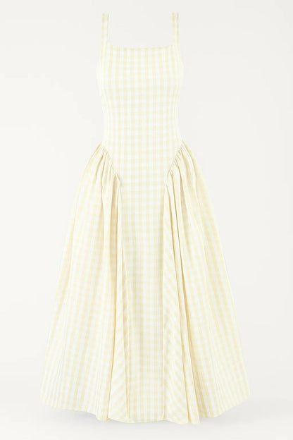 Women's Midi Dress Butter Yellow Plaid Lightweight Summer Dress - 2