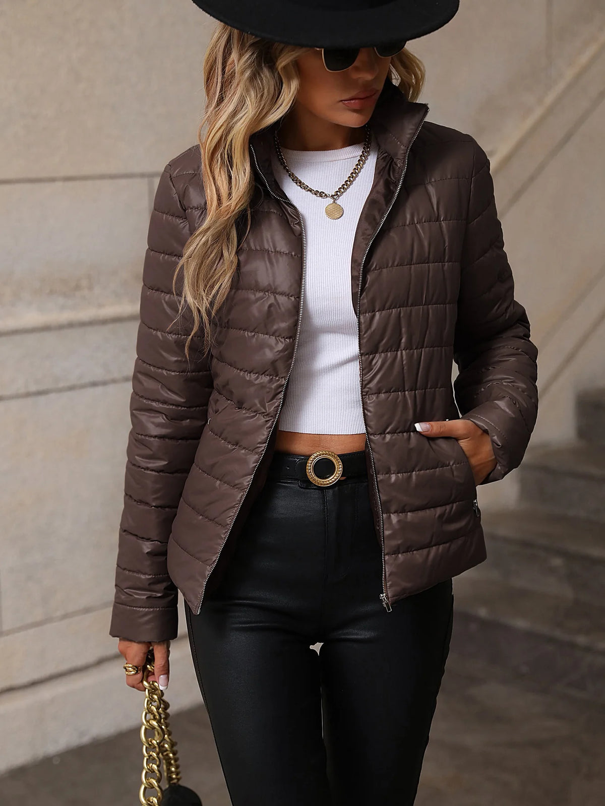 Women's Quilted Stand-Collar Zip Jacket in Brown – Product view | Hensley London