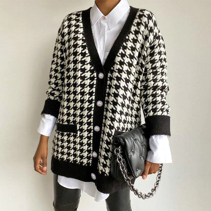 Classic Houndstooth Pattern Knitted Long Sleeve Cardigan Sweaters 3