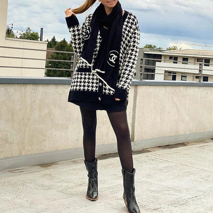 Classic Houndstooth Pattern Knitted Long Sleeve Cardigan Sweaters 5