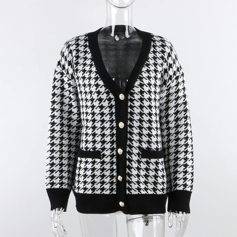 Classic Houndstooth Pattern Knitted Long Sleeve Cardigan Sweaters 6