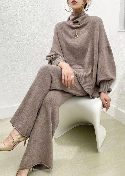 Women's Two Piece Set Camel Knit Sweater and Wide Leg Pants - 1