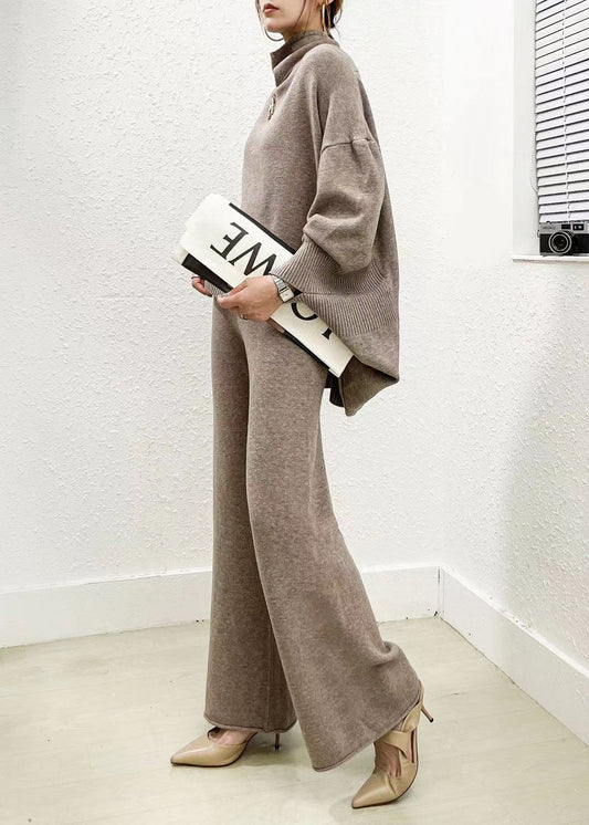 Women's Two Piece Set Camel Knit Sweater and Wide Leg Pants - 2