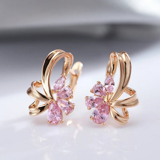 Women's Earrings Pink Floral Stainless Steel Zircon - 1