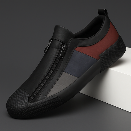 Men's Leather Color-Block Sneakers in Jet Black – front view | Hensley London