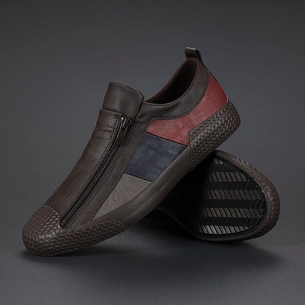 Men's Leather Color-Block Sneakers in Dark Gray – three-quarter view | Hensley London