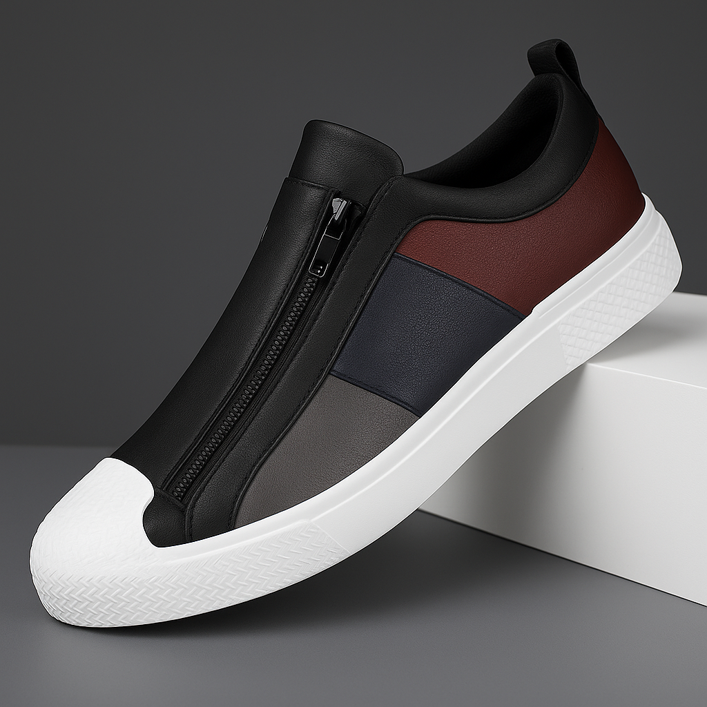 Men's Leather Color-Block Sneakers in Dark Gray – styled view | Hensley London