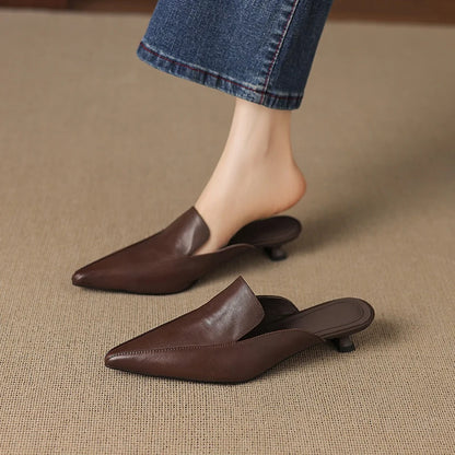 Women's Sculpted Pointed-Toe Kitten-Heel Mules in Brown – product view | Hensley London